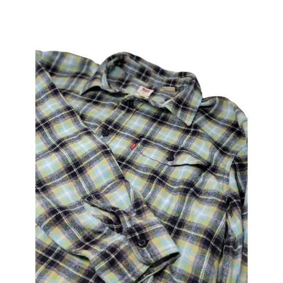 Levis Relaxed Fit Heavy Flannel Shirt XL Black‎ Green Yellow Plaid Long Sleeves - Picture 3 of 7